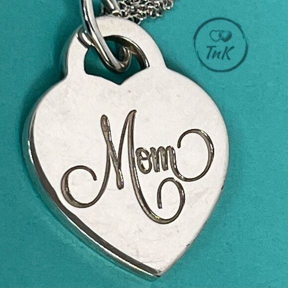 Tiffany & Co. Sterling Silver "Mom" Heart Pendant Necklace - 20” chain - Picture 7 of 13